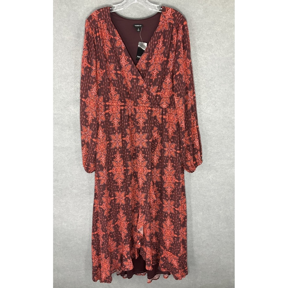 Torrid Dress Women Sz‎ 12/14 (0) Medallion Red Orange Line Long Sleeve Midi Boho